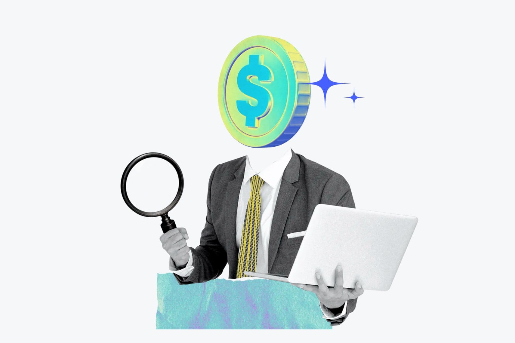 Illustration of a finance professional with a magnifying glass and laptop